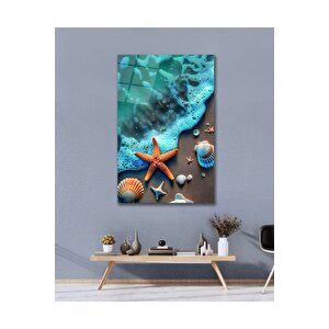 Deniz Yıldızı Sahil Manzara Cam Tablo Modern Ev Ofis Salon Duvar Oda Dekoru Hediyelik | Deniz Temalı Dekoratif Duvar Tablosu, Salon, Ofis Ve Yazlık Dekoru, 70x110 cm