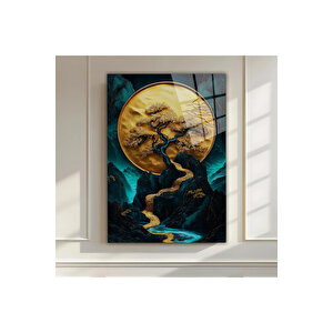 3d Görünümlü - Altın Ve Mavi Soyut Doğa – Premium Sanatsal Cam Tablo | Doğa Ve Manzara Temalı Dekoratif Duvar Tablosu, Salon, Yatak Odası Ve Ofis Dekoru, 50x70 cm