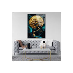 3d Görünümlü - Altın Ve Mavi Soyut Doğa – Premium Sanatsal Cam Tablo | Doğa Ve Manzara Temalı Dekoratif Duvar Tablosu, Salon, Yatak Odası Ve Ofis Dekoru, 50x70 cm
