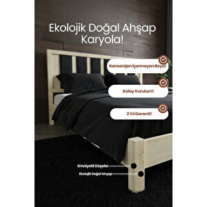 Ori̇on Model Lacivert Puf Başlıklı Masif Ahşap Karyola Kolay Kurulum Fırınlanmış İthal Sibirya Çamı 180x200 Yatak Uyumlu Krem