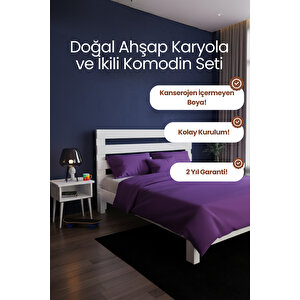 Urban Model Masif Ahşap Karyola Ve 2 Adet Komodin Kolay Kurulum Fırınlanmış İthal Sibirya Çamı 90x190 Yatak Uyumlu 2 Adet Komodin Beyaz