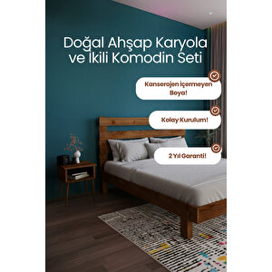 Urban Model Masif Ahşap Karyola Ve 2 Adet Komodin Kolay Kurulum Fırınlanmış İthal Sibirya Çamı 200x200 Yatak Uyumlu 2 Adet Komodin Ceviz