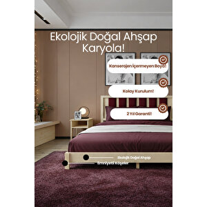 Ori̇on Model Bordo Puf Başlıklı Masif Ahşap Karyola Kolay Kurulum Fırınlanmış İthal Sibirya Çamı 140x190 Yatak Uyumlu Bej