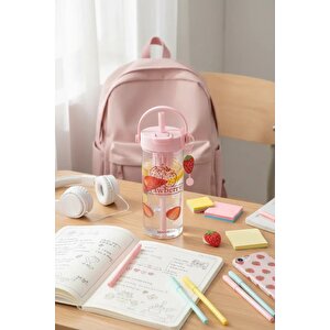 Lisanslı Çilek Serisi Askılı Plastik Şişe 750 Ml – Pipetli 20,8 Cm