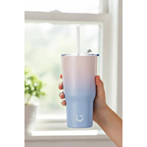 Lisanslı Gradyan Renkli Pipetli Çelik Matara 580 Ml – 304 Paslanmaz Çelik Pembe Mavi