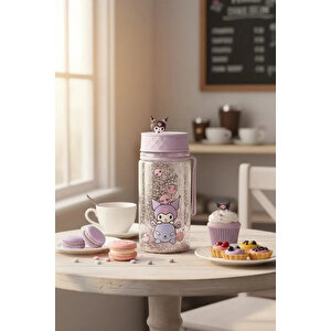 Sanrio Lisanslı Kuromi Cinnamoroll Askılı Simli Plastik Şişe – Pratik Taşıma Askılı Matara 300 Ml