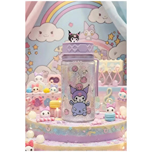 Sanrio Lisanslı Kuromi Cinnamoroll Askılı Simli Plastik Şişe – Pratik Taşıma Askılı Matara 300 Ml