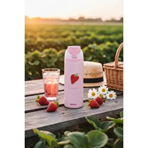 Lisanslı Çilek Serisi Paslanmaz Çelik Şişe 720 Ml – Açılır Kapaklı Pembe