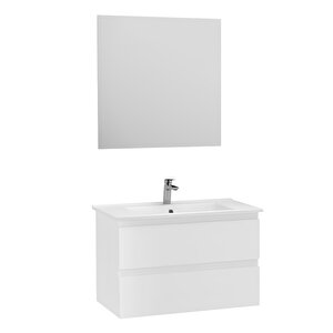 Alinda Çekmeceli Lavabo Dolabı Düz Led Ayna Takımı Parlak Beyaz Lake 80 Cm