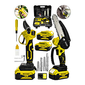 18v Çift Akülü Çelik Şanzıman 35mm Dal Budama Makası & 15cm Budama Testeresi 2 Li Set Sarı