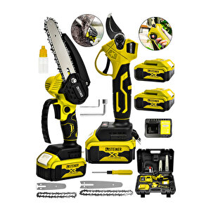 18v Çift Akülü Çelik Şanzıman 35mm Dal Budama Makası & 15cm Budama Testeresi 2 Li Set Sarı