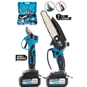 21v Çift Akülü Çelik Şanzıman Dal Budama Makası & Testeresi 2 Li Set