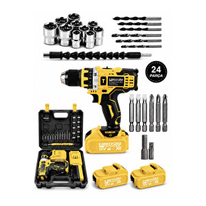12v 1.5 Ah Metal Şanzıman Çift Akülü Şarjlı 24 Parça Akülü Sari Vidalama Matkap