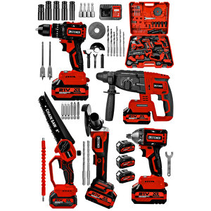 21v Darbeli Kömürsüz 5'li Set Kırıcı Delici Hilti - Somun Sıkma Sökme - Testere - Matkap - Vidalama Kırmızı