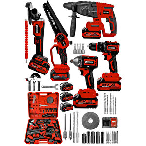 21v Darbeli Kömürsüz 5'li Set Kırıcı Delici Hilti - Somun Sıkma Sökme - Testere - Matkap - Vidalama Kırmızı