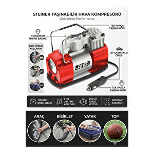 12v Çakmaklık Girişli 150 Psi Mini Hava Kompresörü Kırmızı