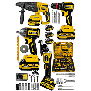 21v Darbeli Kömürsüz Kırıcı Delici Hilti & Taşlama & Matkap & Somun Sıkma Sökme 4'lü Set Sarı