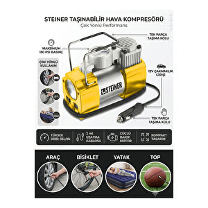 12v Çakmaklık Girişli 150 Psi Mini Hava Kompresörü Sarı