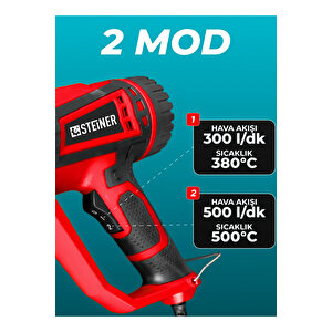 2000 Watt 2 Kademeli 4 Başlıklı Sıcak Hava Tabancası Kırmızı