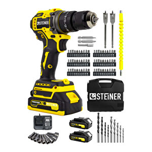 21v Çift Akü Kömürsüz Motor Çelik Mandren Darbeli Akülü Vidalama Şarjlı Matkap 84 Parça Set S156825