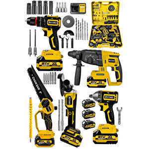 21v Darbeli Kömürsüz 5'li Set Kırıcı Delici Hilti - Somun Sıkma Sökme - Testere - Matkap - Vidalama Sarı