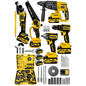 21v Darbeli Kömürsüz 5'li Set Kırıcı Delici Hilti - Somun Sıkma Sökme - Testere - Matkap - Vidalama Sarı