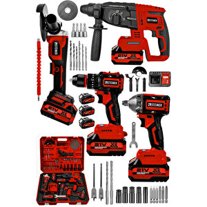 21v Darbeli Kömürsüz Kırıcı Delici Hilti & Taşlama & Matkap & Somun Sıkma Sökme 4'lü Set Kırmızı