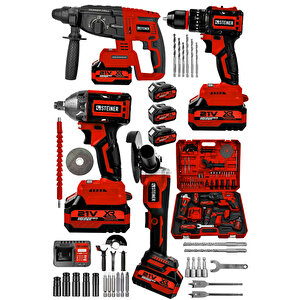 21v Darbeli Kömürsüz Kırıcı Delici Hilti & Taşlama & Matkap & Somun Sıkma Sökme 4'lü Set Kırmızı