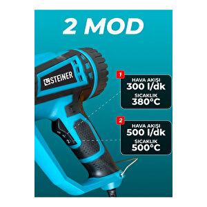 2000 Watt 2 Kademeli 4 Başlıklı Sıcak Hava Tabancası Mavi