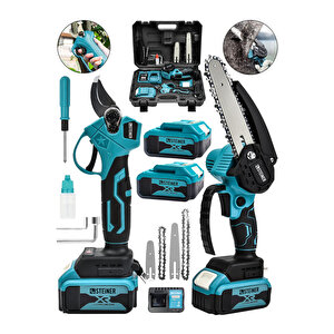 18v Çift Akülü Çelik Şanzıman 35mm Dal Budama Makası & 15cm Budama Testeresi 2 Li Set Mavi