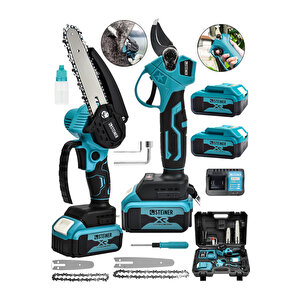 18v Çift Akülü Çelik Şanzıman 35mm Dal Budama Makası & 15cm Budama Testeresi 2 Li Set Mavi