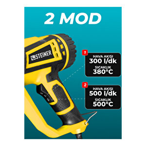 2000 Watt 2 Kademeli 4 Başlıklı Sıcak Hava Tabancası Sarı