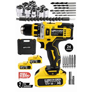 12v 1.5 Ah Metal Şanzıman Çift Akülü Şarjlı 24 Parça Akülü Kırmızı Vidalama Matkap