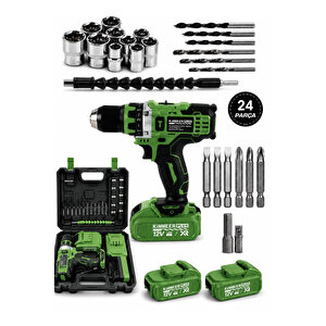 12v 1.5 Ah Metal Şanzıman Çift Akülü Şarjlı 24 Parça Akülü Yeşi̇l Vidalama Matkap