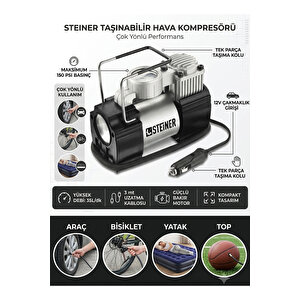 12v Çakmaklık Girişli 150 Psi Mini Hava Kompresörü Siyah