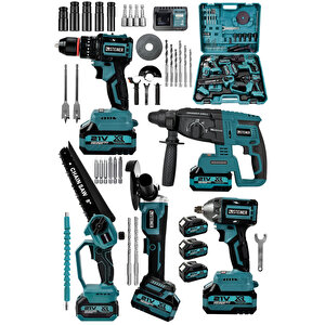 21v Darbeli Kömürsüz 5'li Set Kırıcı Delici Hilti - Somun Sıkma Sökme - Testere - Matkap - Vidalama Mavi