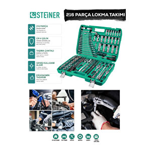 Ultra Güçlü 1/4 Cırcırlı 216 Parça Lokma Anahtar Takımı Oto Tamirci Full Tam Set 72 Diş