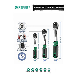 Ultra Güçlü 1/4 Cırcırlı 216 Parça Lokma Anahtar Takımı Oto Tamirci Full Tam Set 72 Diş