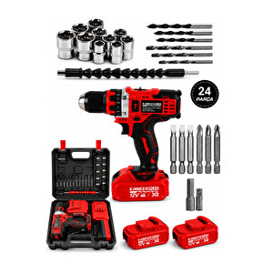 12v 1.5 Ah Metal Şanzıman Çift Akülü Şarjlı 24 Parça Akülü Kırmızı Vidalama Matkap