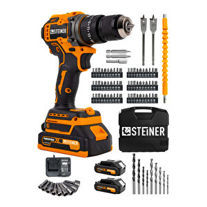 21v Çift Akü Kömürsüz Motor Çelik Mandren Darbeli Akülü Vidalama Şarjlı Matkap (84 Parça Usta Set)