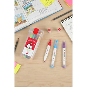Sanrio Lisanslı Hello Kitty Çift Uçlu Marker Seti – 12 Renkli Çizim Kalemi 15,5 Cm