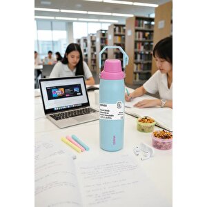 Lisanslı Saplı Paslanmaz Çelik Şişe 840 Ml – Çift Katmanlı Açık Mavi