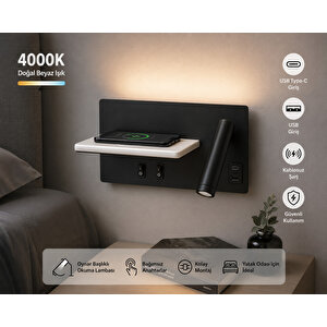 Kablosuz Şarjlı Ve Usb / Type-c Portlu Duvar Apliği - 9w 4000k Doğal Beyaz Led Okuma Lambası (siyah)