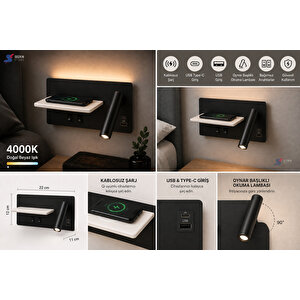 Kablosuz Şarjlı Ve Usb / Type-c Portlu Duvar Apliği - 9w 4000k Doğal Beyaz Led Okuma Lambası (siyah)
