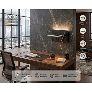Kablosuz Şarjlı Ve Usb / Type-c Portlu Duvar Apliği - 9w 4000k Doğal Beyaz Led Okuma Lambası (siyah)