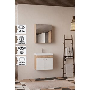 Milano 60 Cm, Lavabolu Banyo Dolabı Seti, Lavabo Dahil, Ayna Dahil, Sonomo Meşe, Mdf