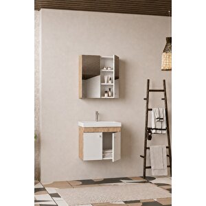 Milano 60 Cm, Lavabolu Banyo Dolabı Seti, Lavabo Dahil, Ayna Dahil, Sonomo Meşe, Mdf