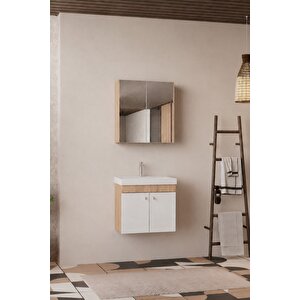 Milano 60 Cm, Lavabolu Banyo Dolabı Seti, Lavabo Dahil, Ayna Dahil, Sonomo Meşe, Mdf