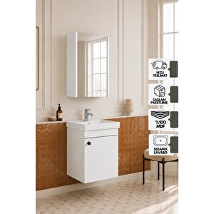 Mimoza 50 Cm, Mdf, Lavabolu, Aynalı Banyo Dolabı Seti, Seramik Lavabo Dahil, Beyaz, Mdf