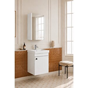 Mimoza 50 Cm, Mdf, Lavabolu, Aynalı Banyo Dolabı Seti, Seramik Lavabo Dahil, Beyaz, Mdf